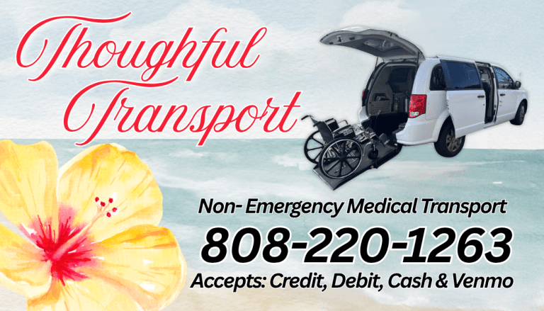 Thoughtful Transport LLC business card showing the wheelchair-accessible van and phone number 808-220-1263